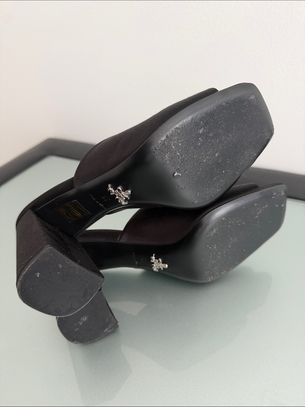 Prada Black Satin Logo Mule Heels with Silver Plaque Size 38 - Picture 4 of 8
